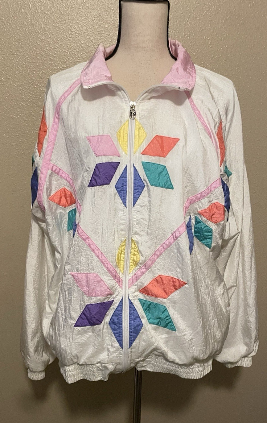 VTG Lavon by Cheerful Corp White with Multi-Color Design Windbreaker, Size XL