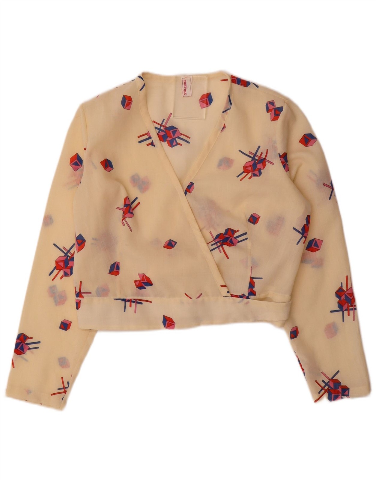 Trevira Womens Crop Long Sleeve Blouse Top IT 42 Medium Beige Geometric JA02
