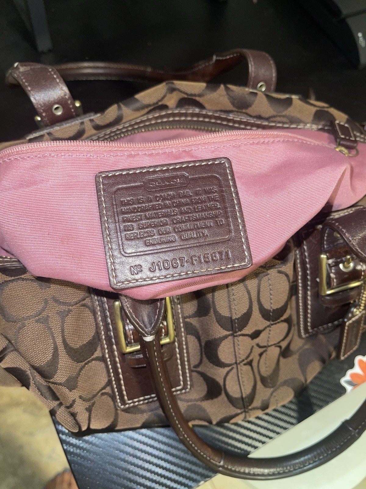 Coach Soho Signature Monogram Brown Satchel Top Handle Zip Pink Lining Bag