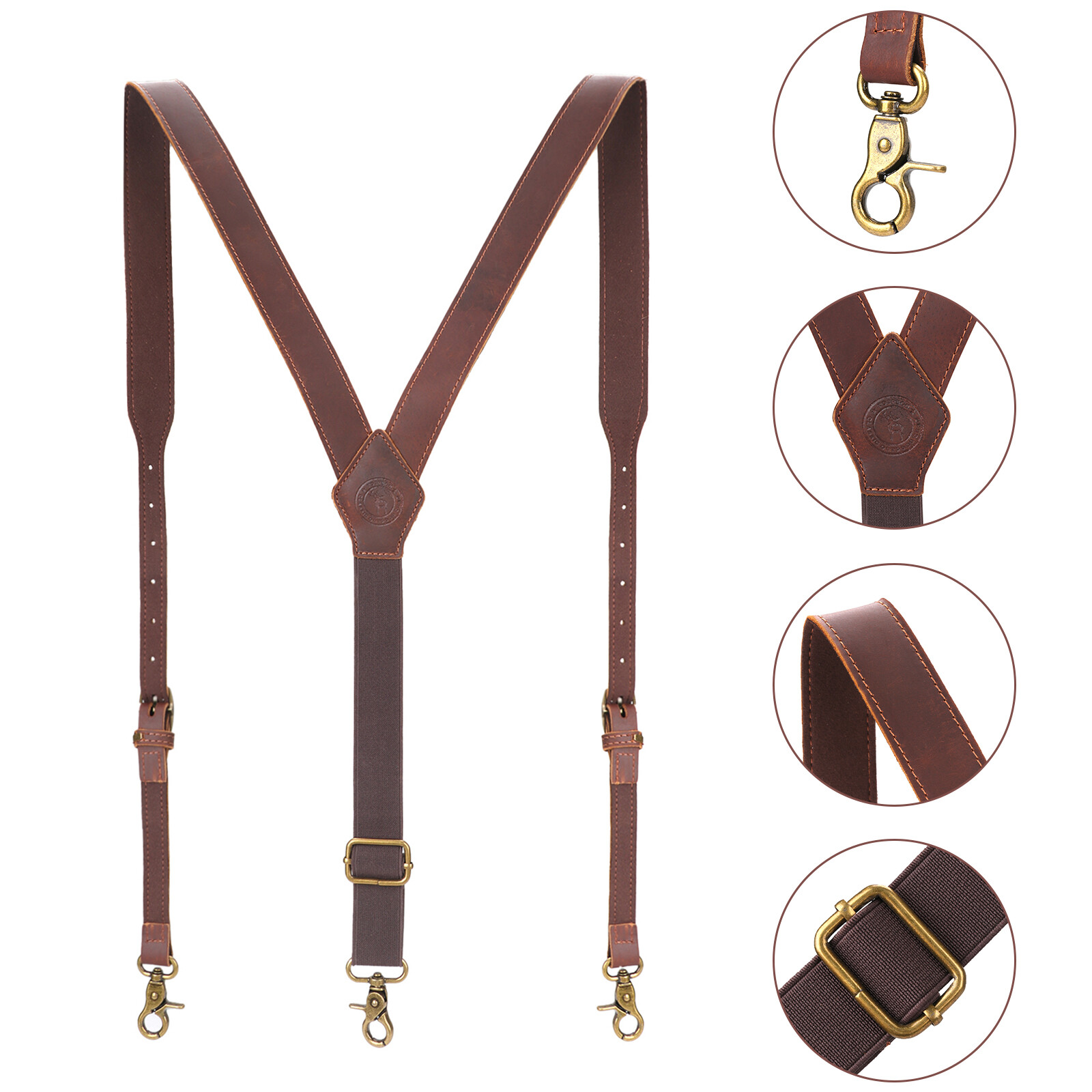 TOURBON Men’s Y-Back Suspender Pants Braces 3 Hook Adjustable Vintage Leather US