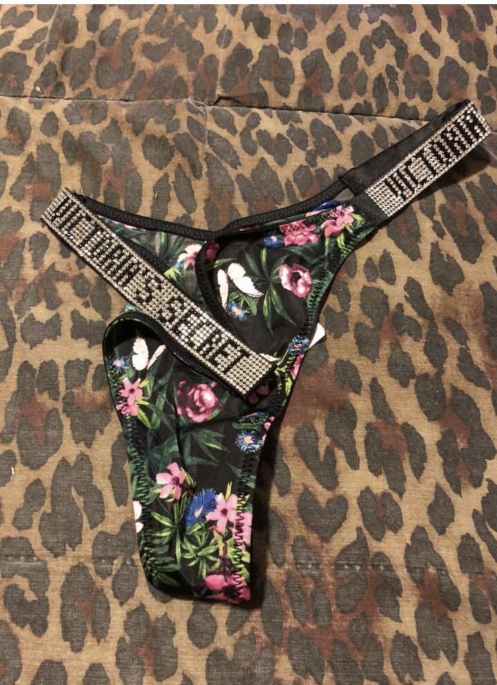 VICTORIA’S SECRET Black Floral Shine Rhinestone Logo Thong Panty NWT XS or Med