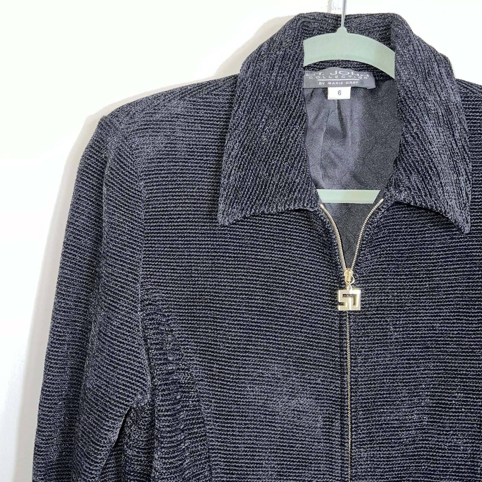 St John Collection By Marie Gray Full Zip Chenille Jacket Coat-Black-Size 6