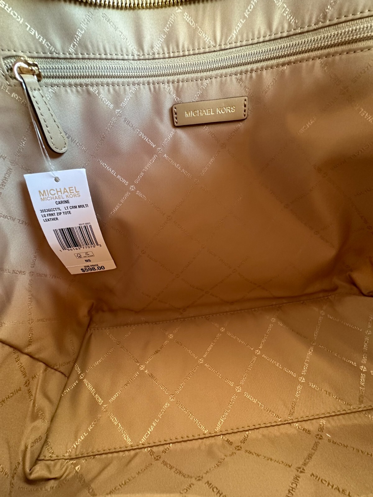 MICHAEL KORS CARINE LARGE FRONT POCKET SHOULDER TOTE BAG MK LIGHT CREAM MULTI