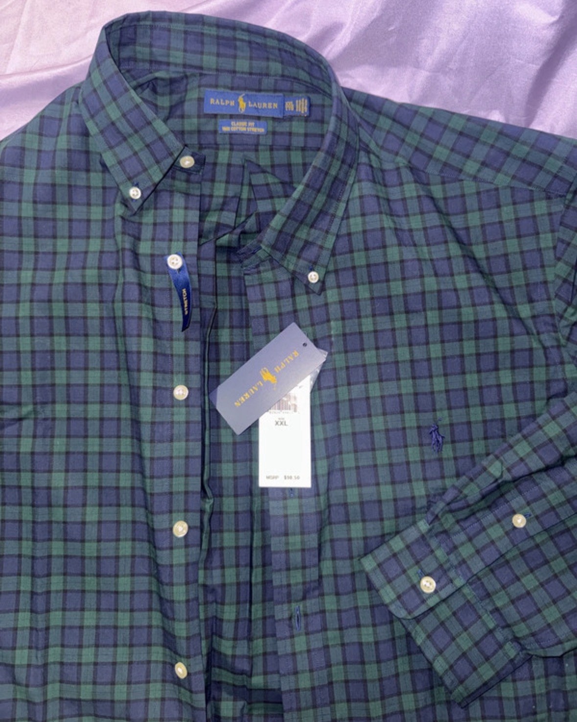 Ralph Lauren Classic Fit Green Blue Plaid Cotton Button-Down Shirt XXL