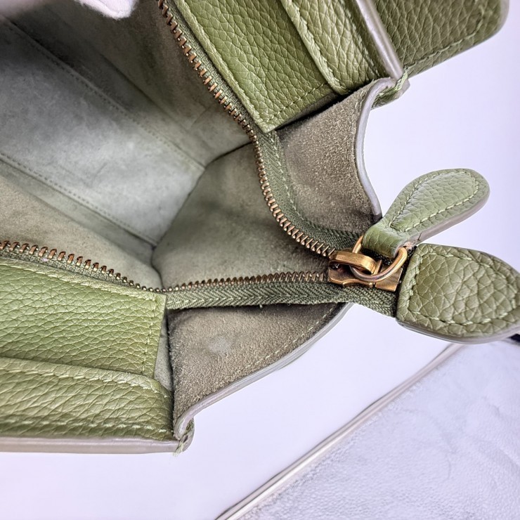 CELINE Luggage Nano Shopper Hand Bag Green Leather Gold Tone
