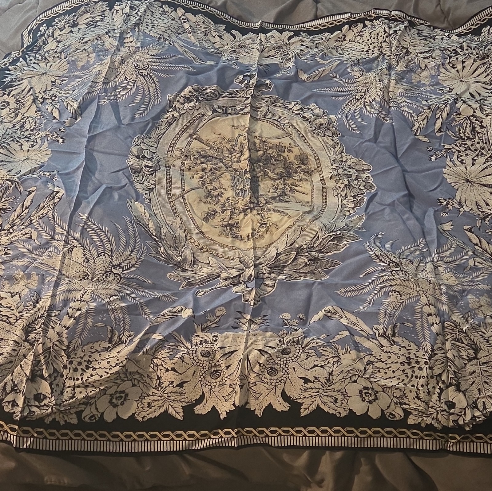 Daffy’s Silk Satin Blue Floral Square Scarf Lightweight Women’s Logo Accent