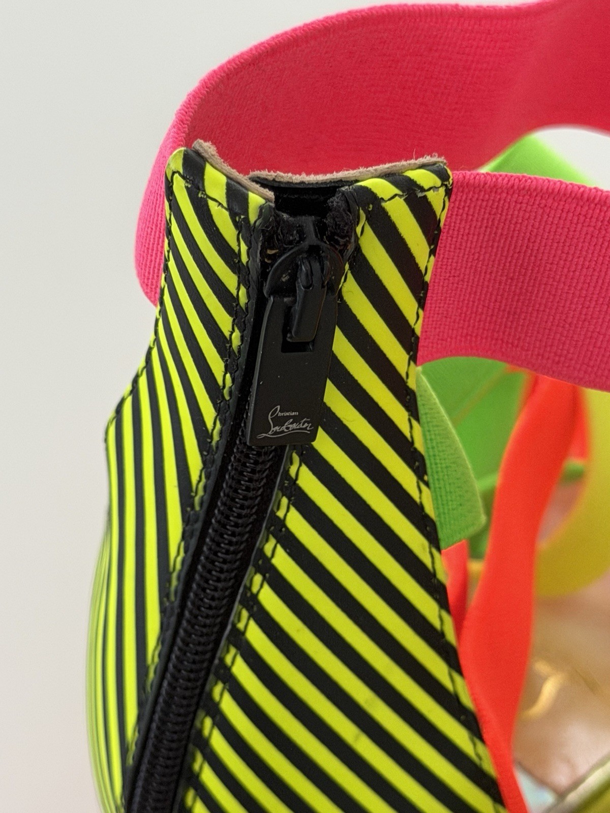 Christian Louboutin Neon Multicolor Striped Strappy Open Toe Block Heel Sandals