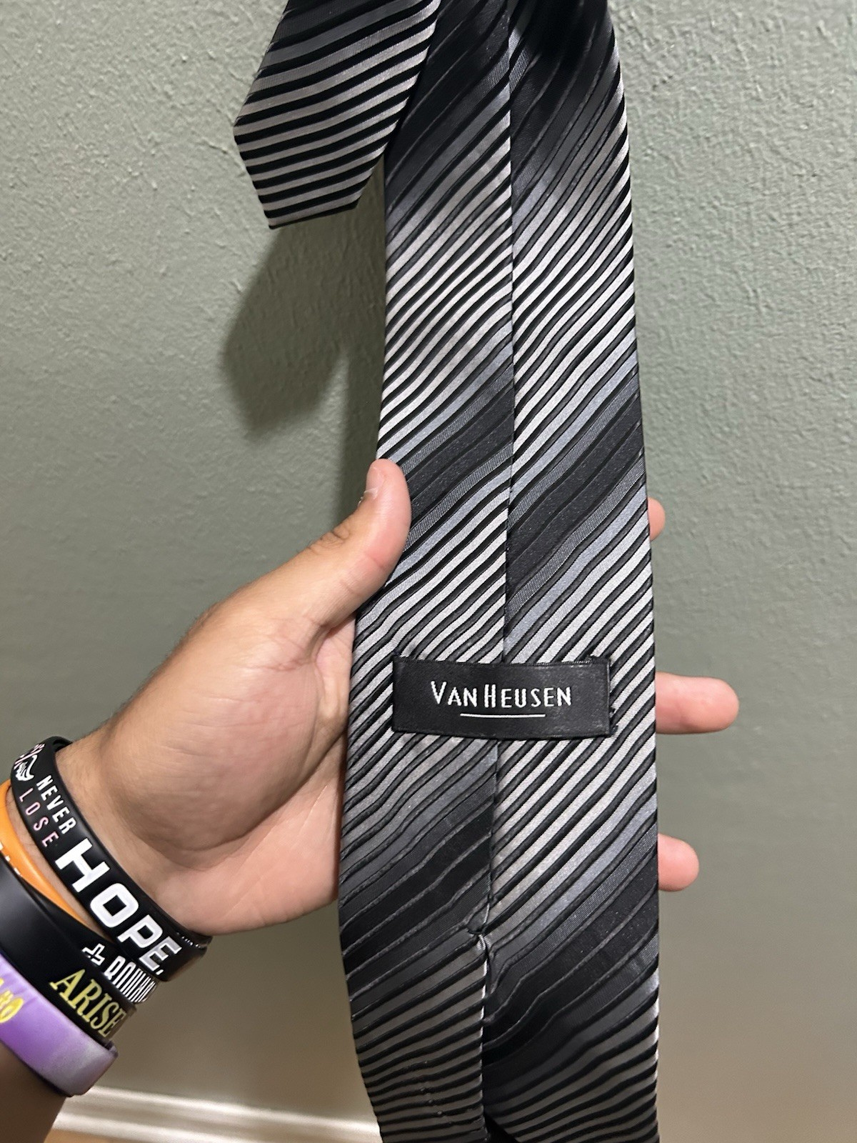 Van Heusen Men’s Striped Tie Necktie, Black Gray White, Polyester, Handmade