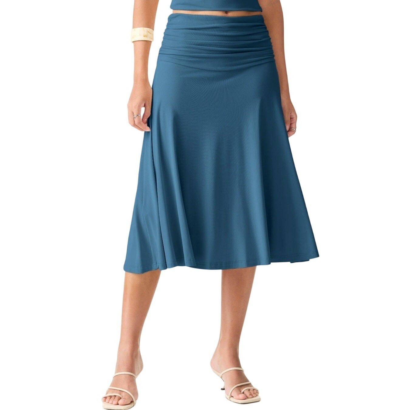 NWT OGL Eco-SkinKiss Flowy Side Ruched A-line Midi Skirt S Dark Marine/Teal Soft