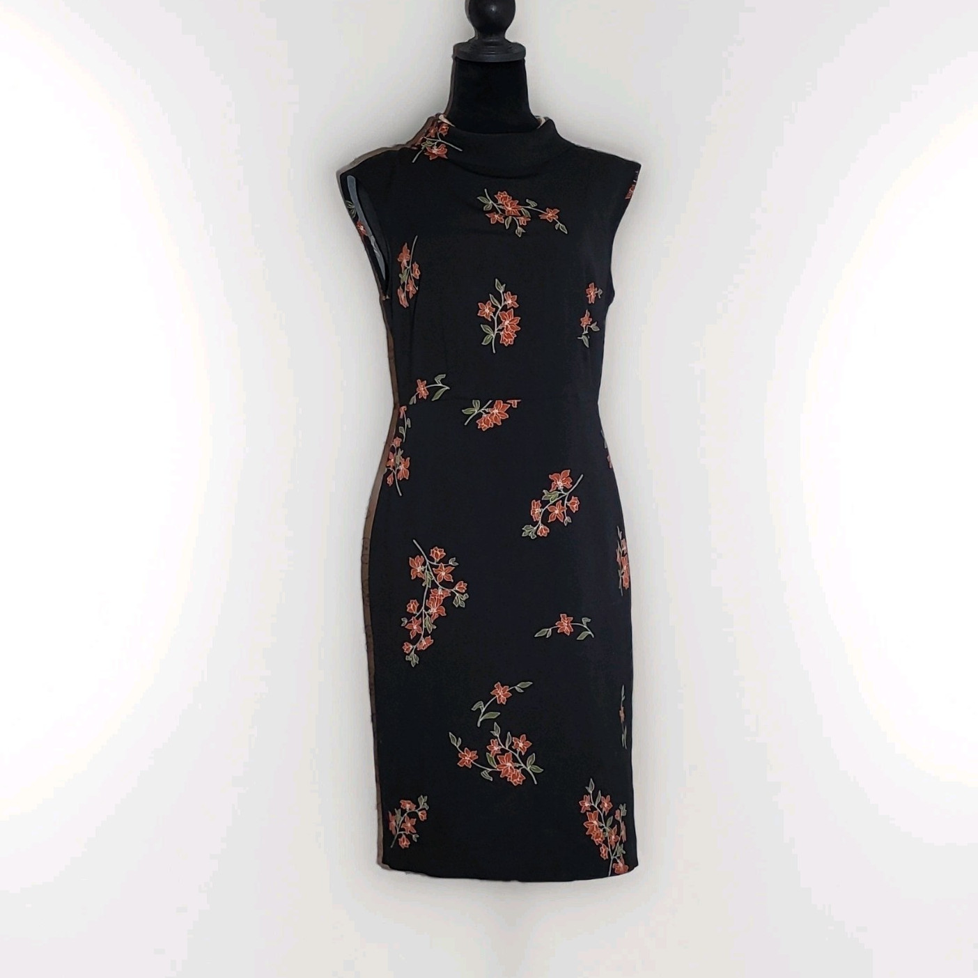 Ann Taylor Factory Black Floral Sheath Dress Mock Neck Sleeveless Lined Zip 4