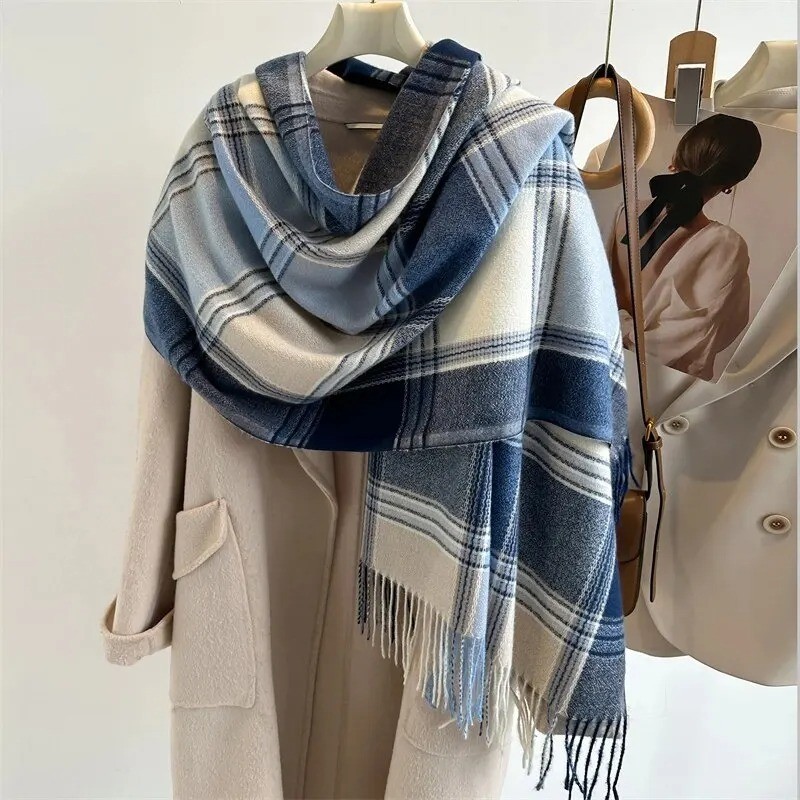 Women Plaid Cashmere Shawl Poncho Winter Pashmina Wrap Scarf Tassel