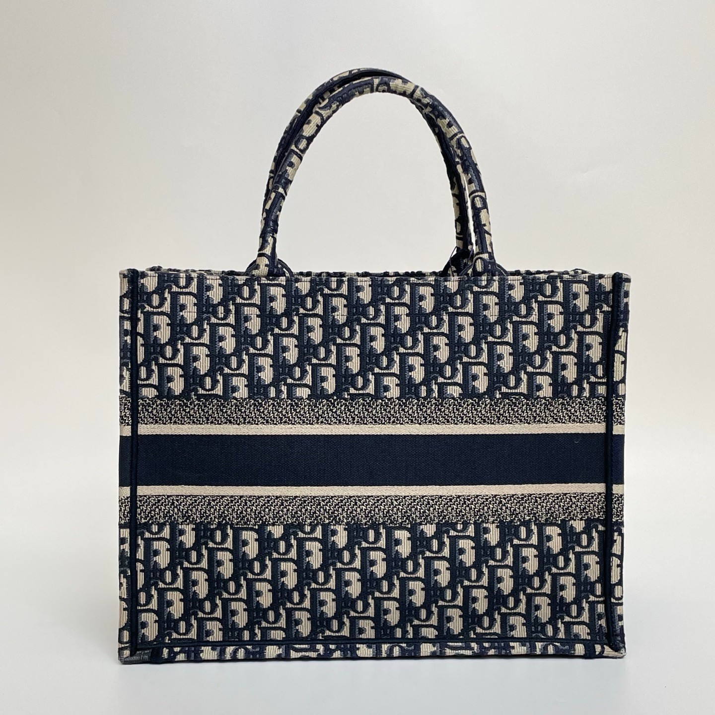 DIOR Oblique Embroidery Jacquard Canvas Book Tote Bag Beige & Navy Medium