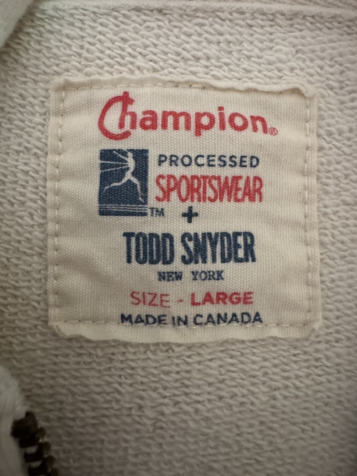 Todd Snyder x Champion Hoodie Mens LARGE 100% Cotton Full Zip Made in Canada