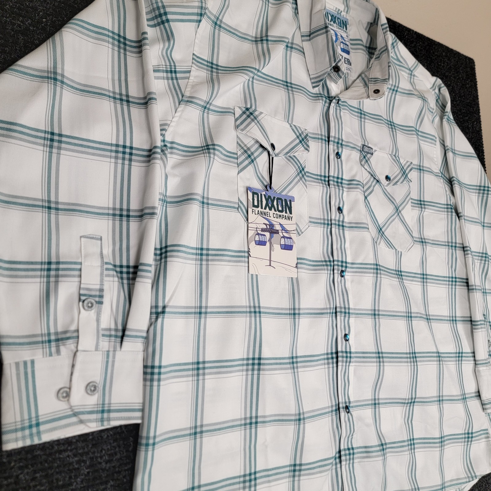 Dixxon Flannel Co “Whistler” Button Up Shirt 4X NWT White Teal Plaid D-Tech