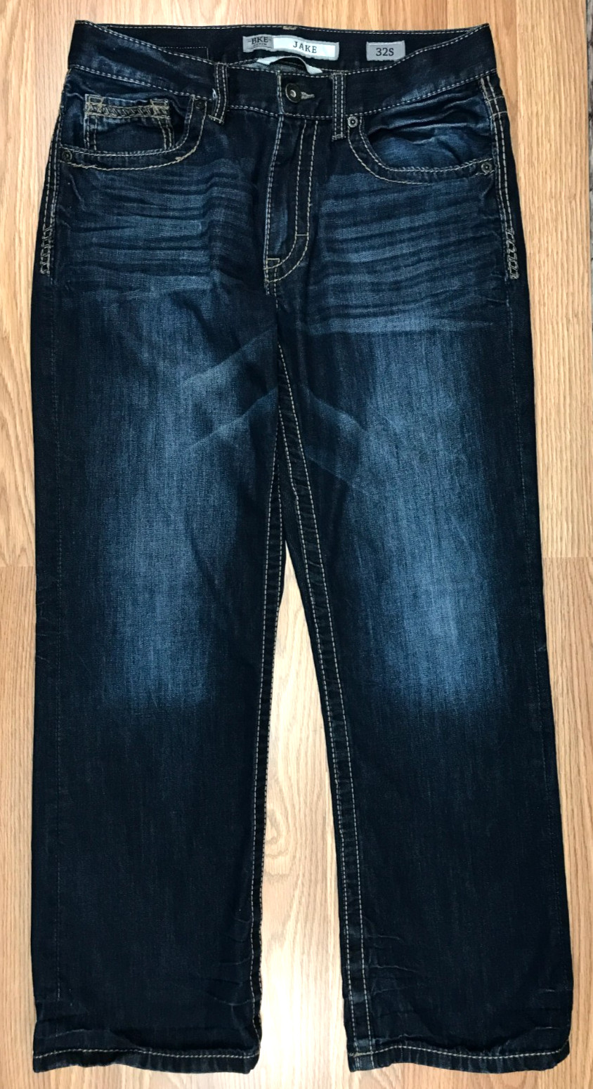 BKE Jake Boot Leg Jeans Blue Denim Straight Leg Dark Wash Stretch Mens 32s 32×29