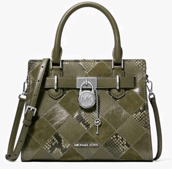 NWT Michael Kors Hamilton Small Satchel Bag Olive Green Snake Embossed Patch NWT