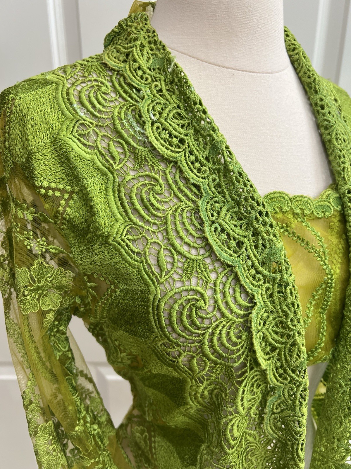 Vtg Whimsical Green Sheer Embroidered Lace Fairycore Boho Glam Open Front Sz M