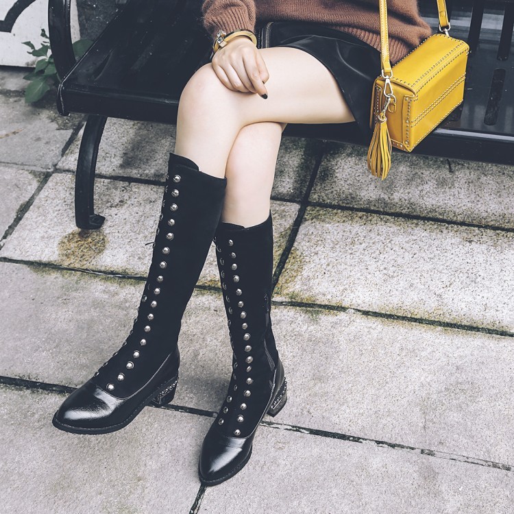 British Women’s Studded Pointy Toe Zip Knee High Boots Biker Gothic Riding Shoes