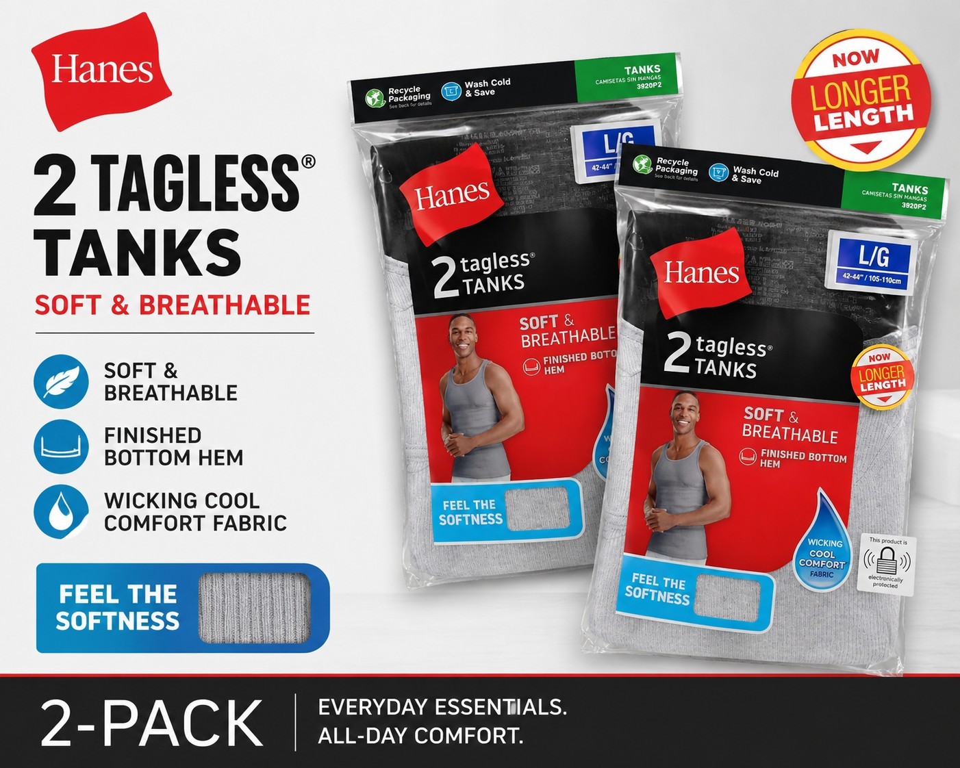 Hanes Tagless Breathable Ribbed Cotton Tank Undershirts Gray L/G 2-Pack 3920P2