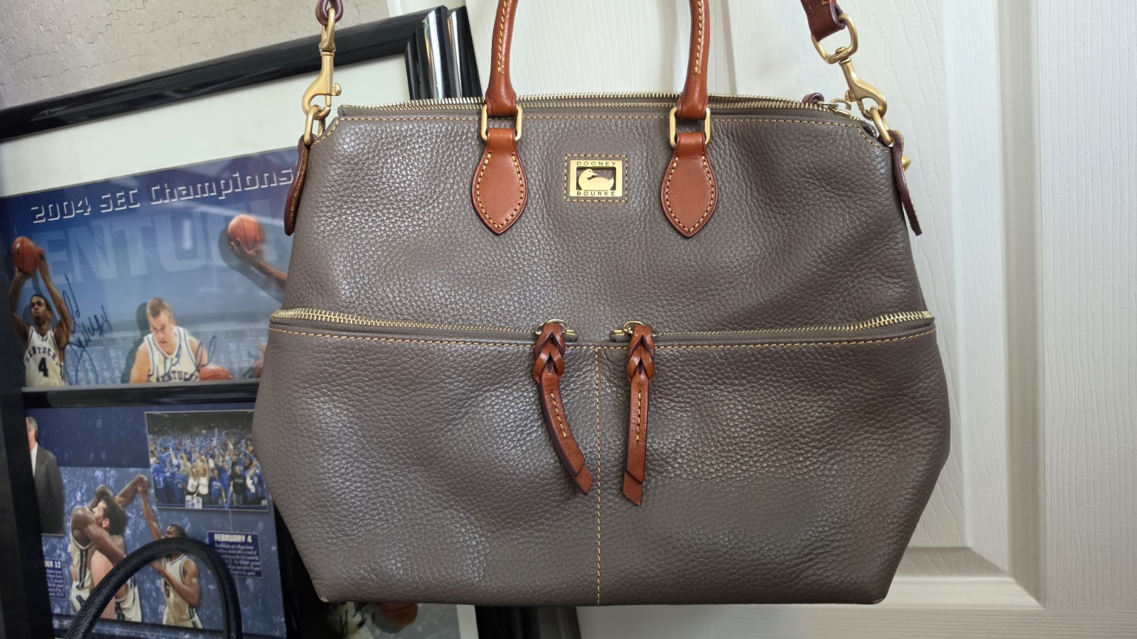 Dooney & Bourke Pebbled Brown Satchel Zip Top Gold HW Pink Lining Pockets