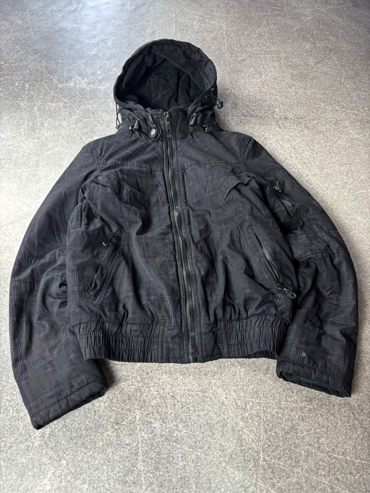 2000s FISHBONE Cropped STREETWEAR JAPANESE STYLE PUFFER ZIP JACKET 90S Plaid