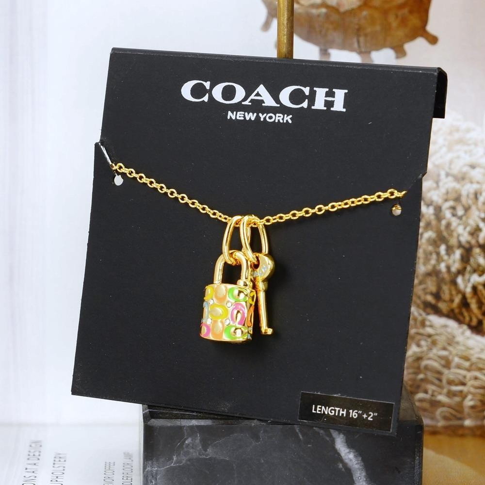 NWT Coach Signature Rainbow Padlock Lock Key Necklace Gold Tone