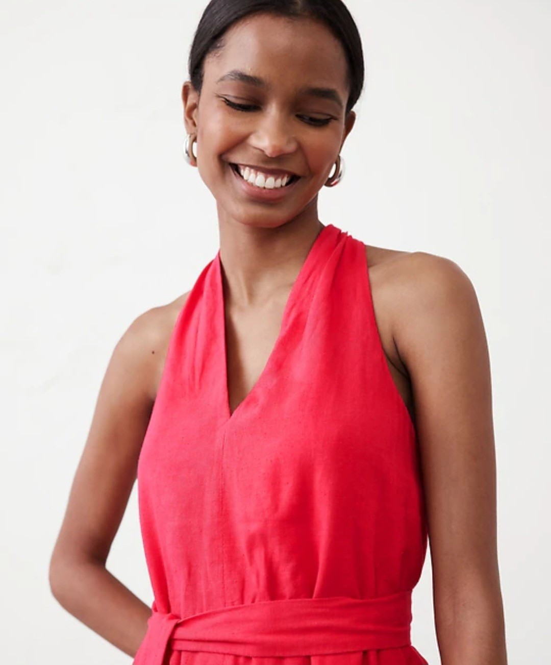 Banana Republic Medium Linen Blend Twist Back Coral Gem Color Midi Dress NWT