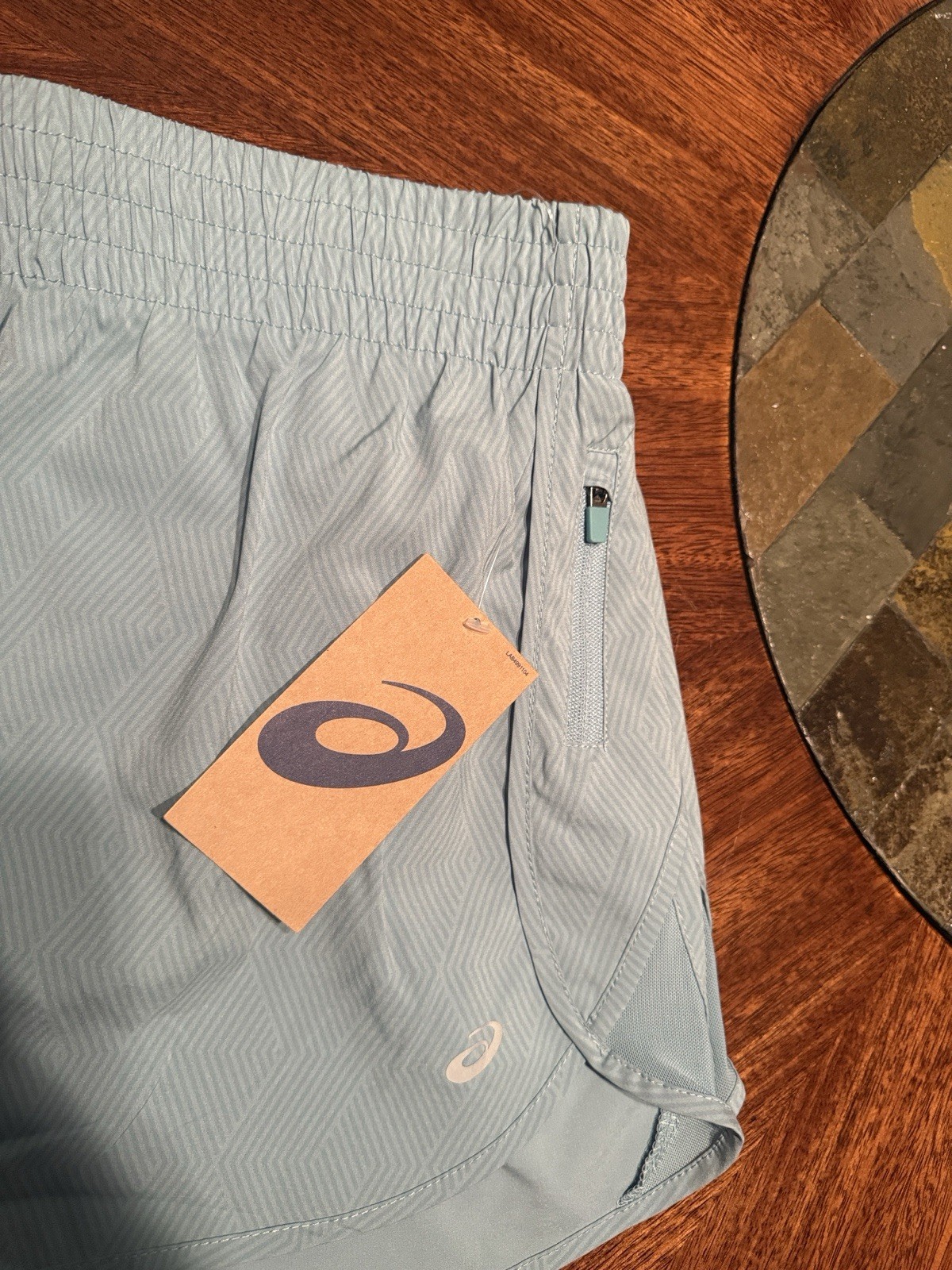 ASICS Women’s Blue Geometric Lined Running Shorts Pockets Drawstring L