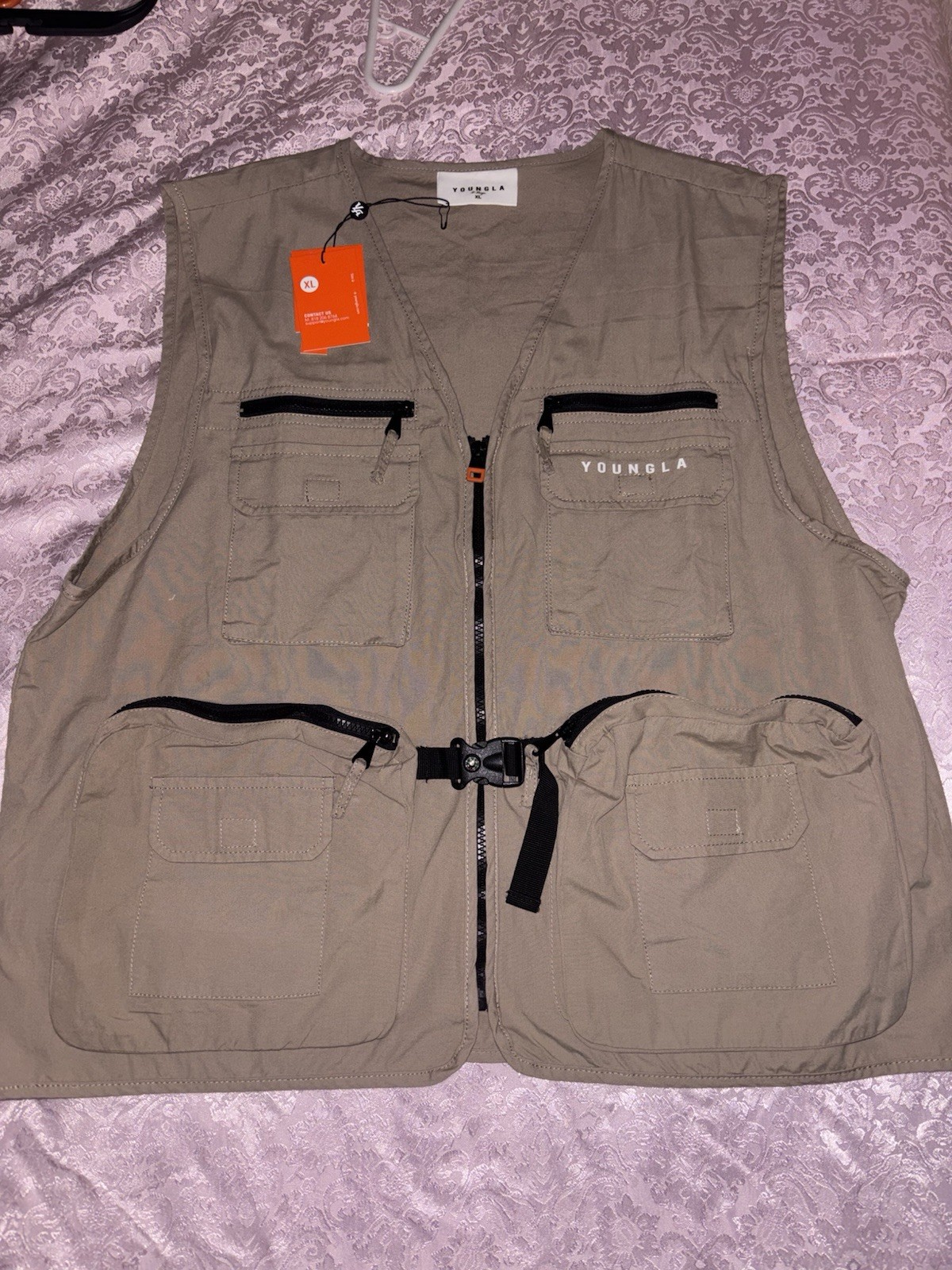 YoungLA Men’s Beige Utility Vest XL Multi Pocket Zip & Buckle V-Neck