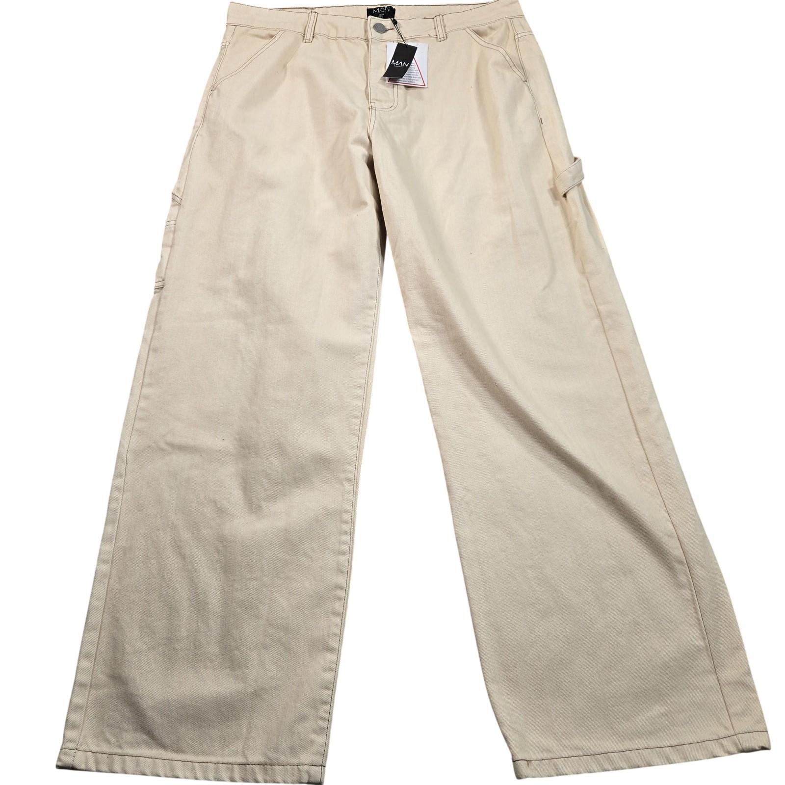 BoohooMAN Pants Mens 36 37×32 Beige Carpenter Wide Leg Denim Workwear Casual