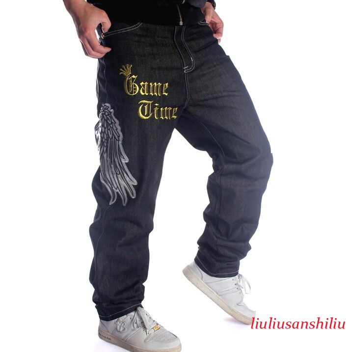 Mens Black Embroidery Jeans Relaxed Fit Loose Hip Hop Streetwear Pants W30-W46