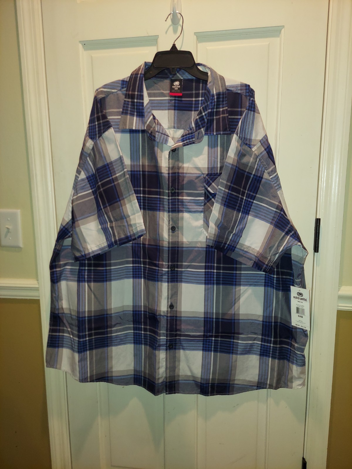 Ecko Unltd Men Plaid Short Sleeve Collared Button Up Shirt 6XB Pockets