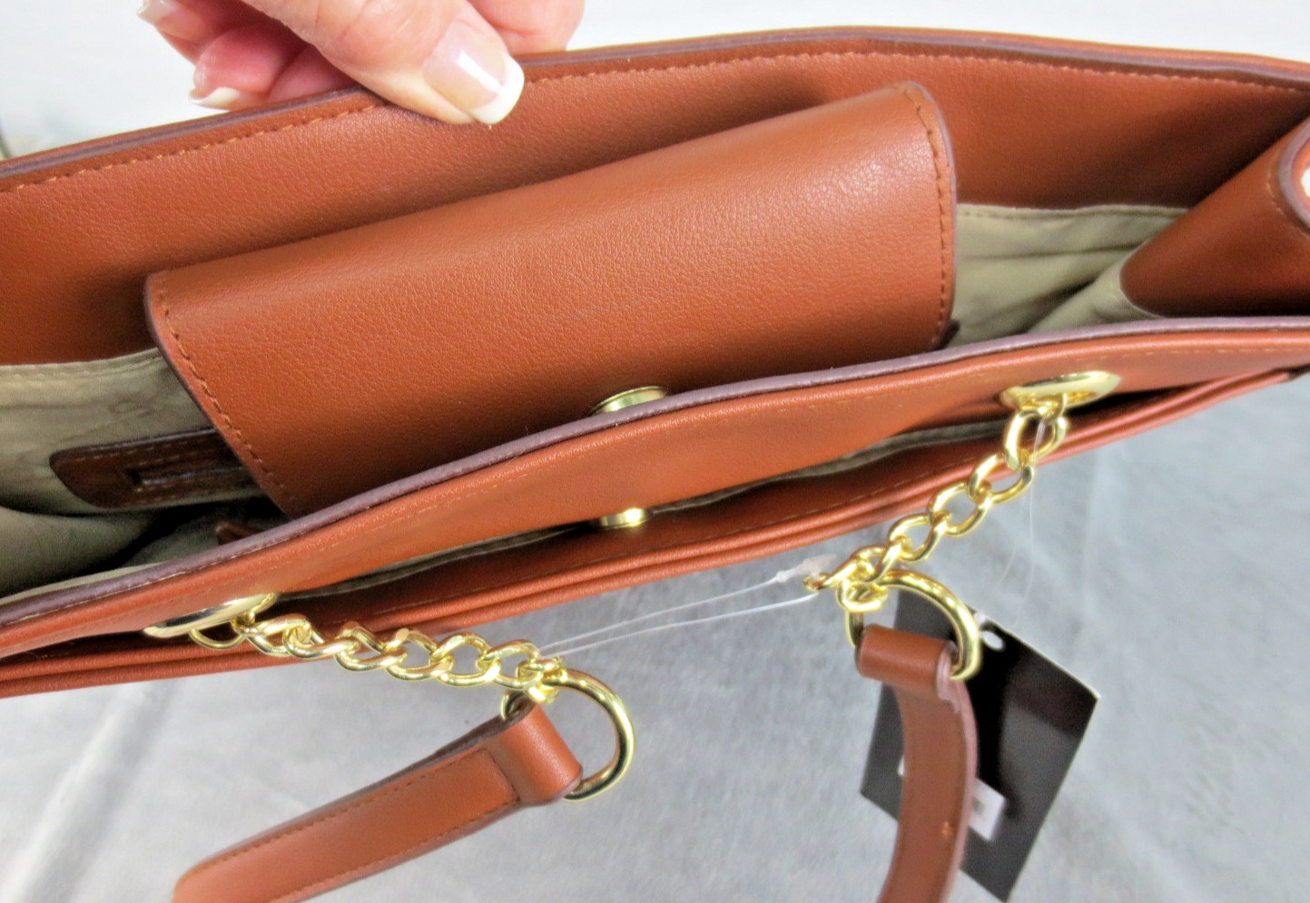 NWT JONES NEW YORK Abby Double Handle Gold Tan Brown Purse 13x12x3” Faux Leather