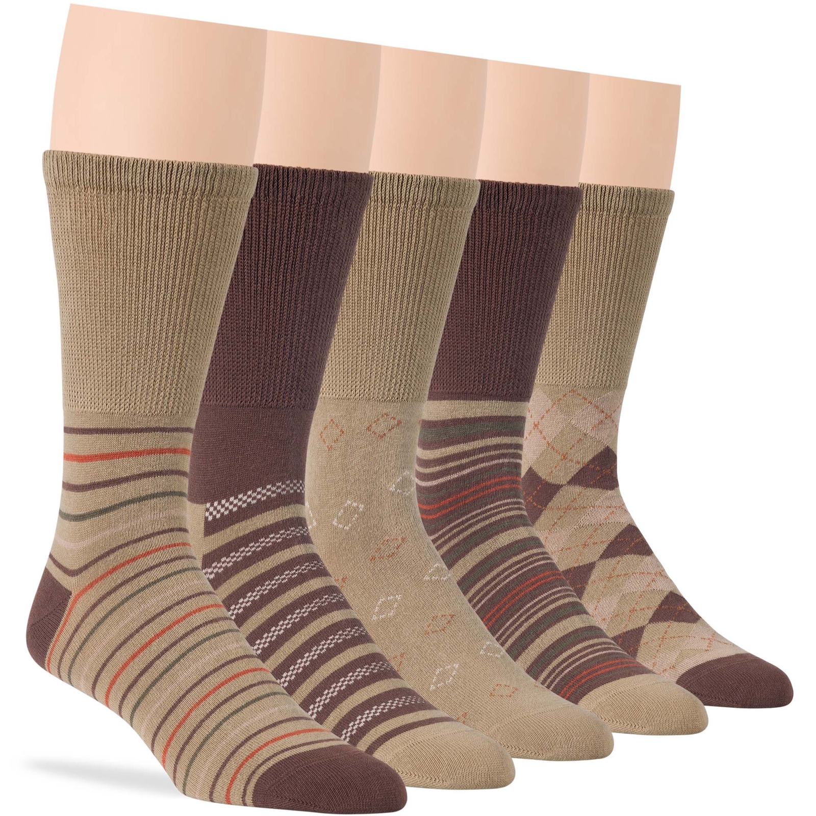 Men Diabetic Wide Cotton Crew Sock 5 Pack Large-Stripe Khaki, Brown, Beige