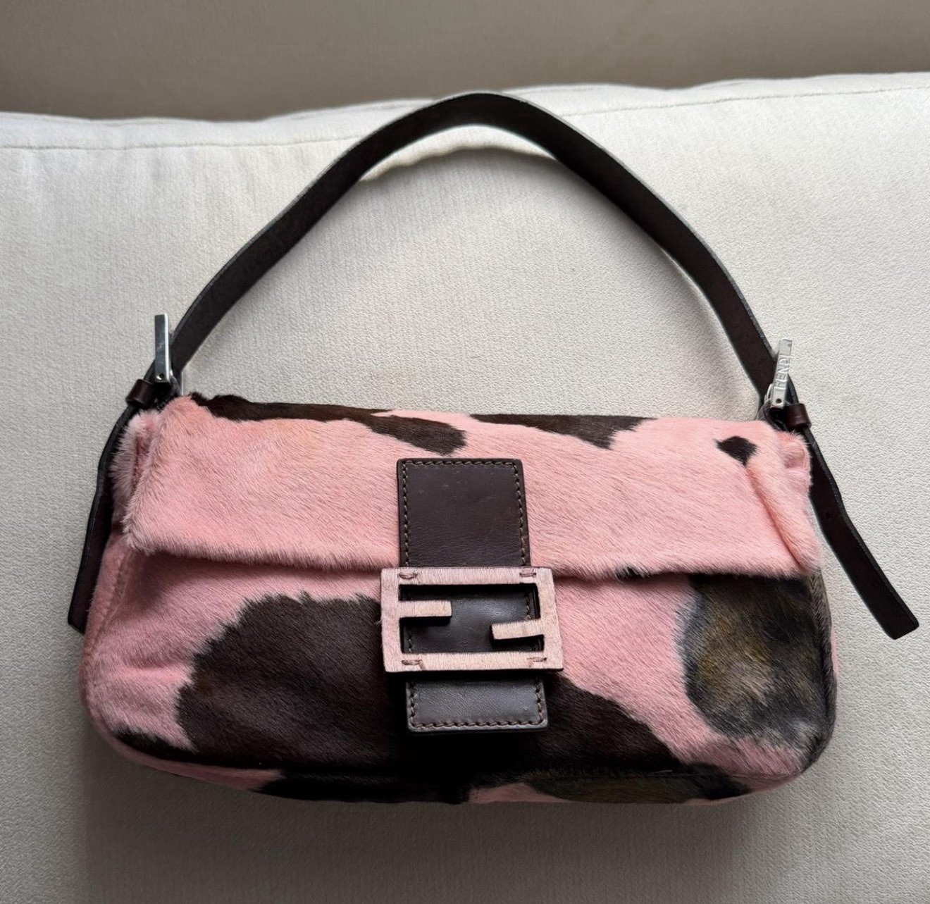 Fendi Pony Hair Print Shoulder Bag FF Buckle, Magnetic Closure Pink/Brown
