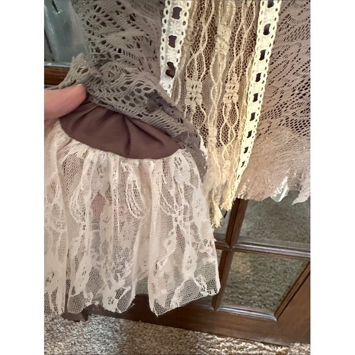Pretty Angel Taupe Lace Beaded Boho Flutter Sleeve Top Large Womens Romantic