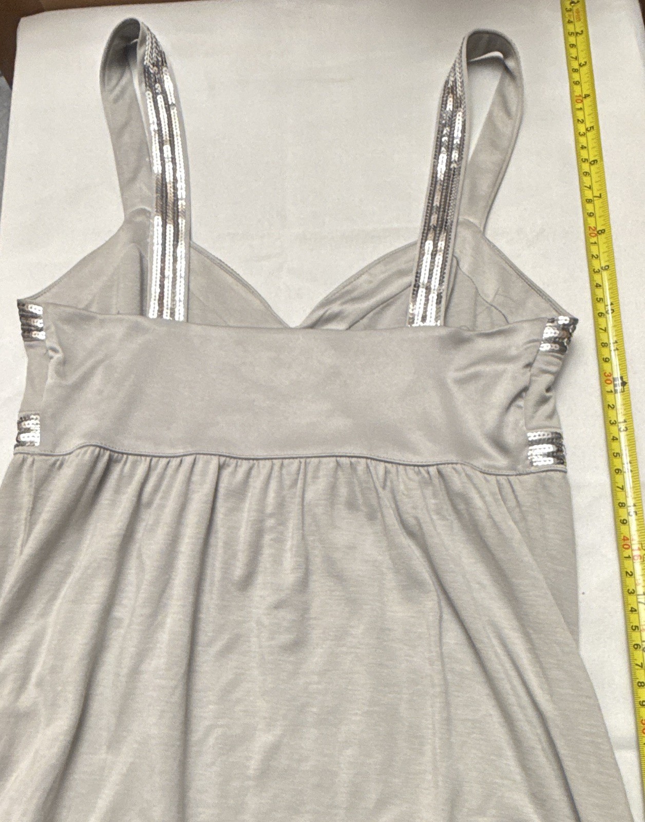 Women’s Solid Gray Camisole Size S Stretch Spaghetti Straps Silver Sequin Trim