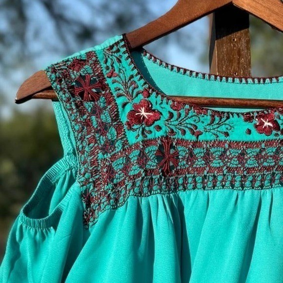 Turquoise Embroidered Cold Shoulder Peasant Blouse Medium