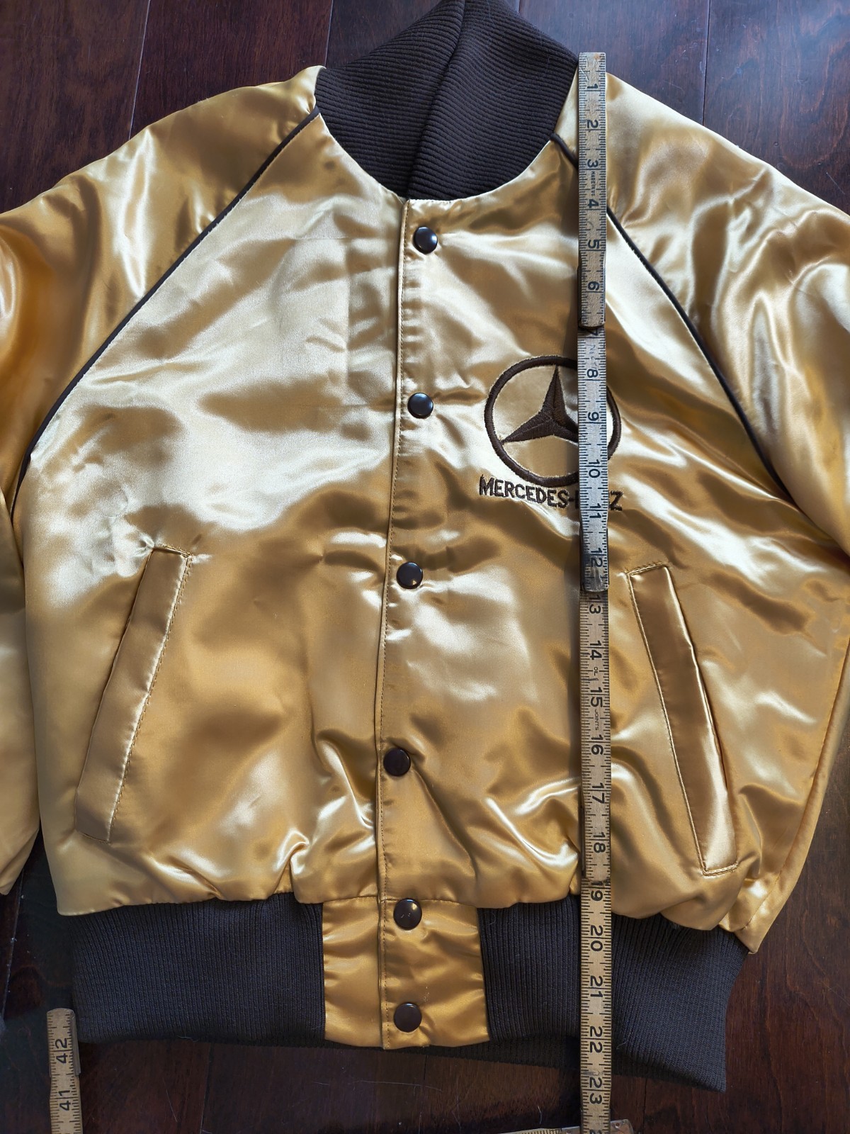 Vintage 1980s Mercedes-Benz Satin Bomber Jacket Gold F1 Racing Made in USA Small