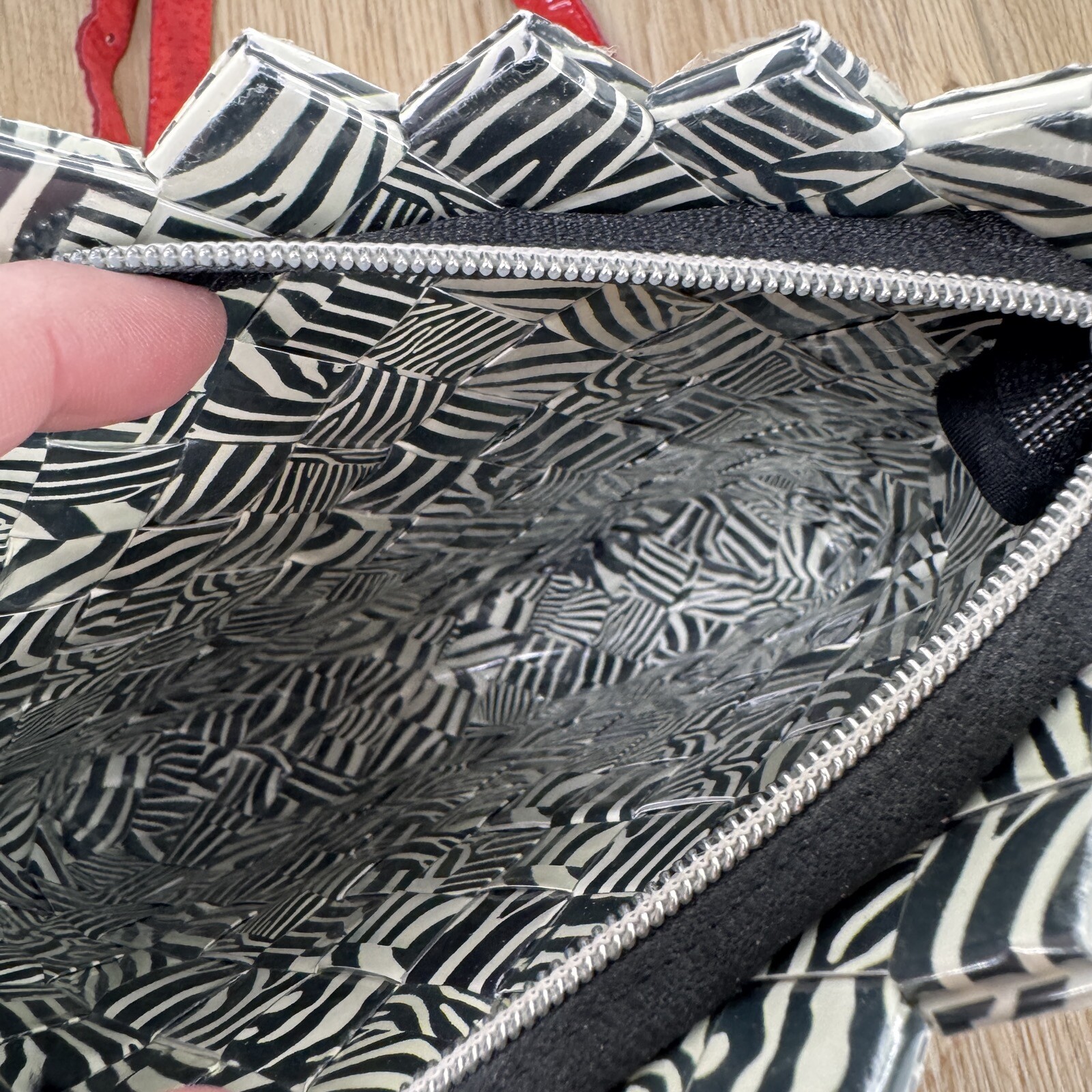 Nahui Ollin Candy Wrapper Crossbody Purse Red Strap Black White Geometric NWOT