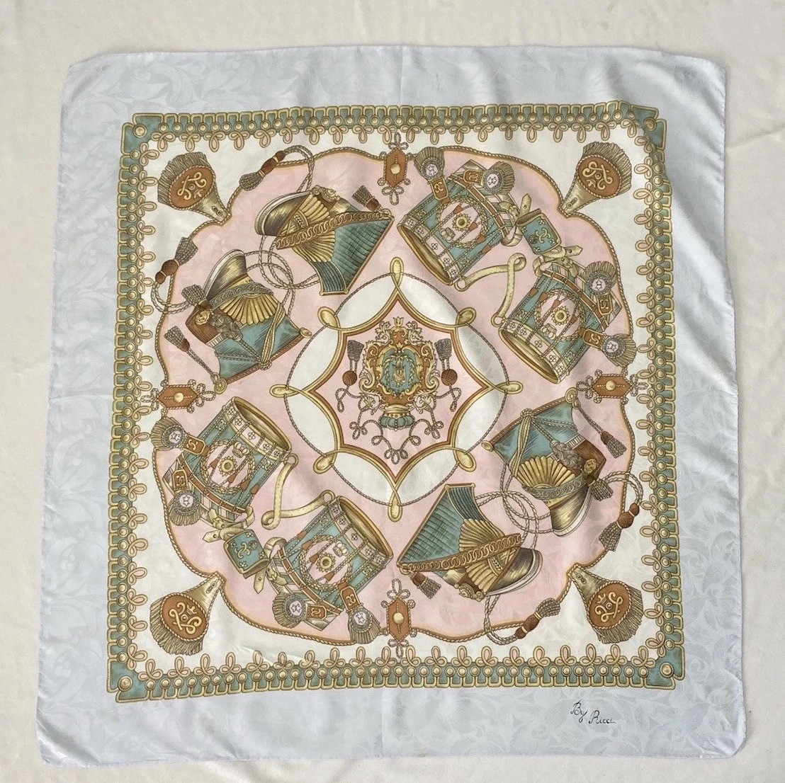 By RICCI All Silk H.rolled W/ Old Crown Bohemian Scarf 33/34 In PEC