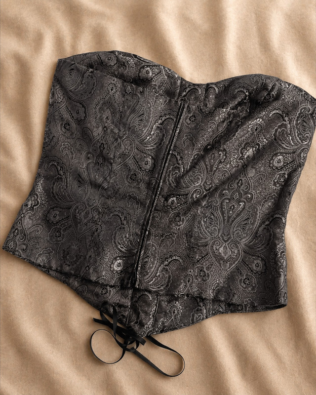 Orsay Black Silver Paisley Strapless Corset Bustier Top Lace-Up Boned Zipper