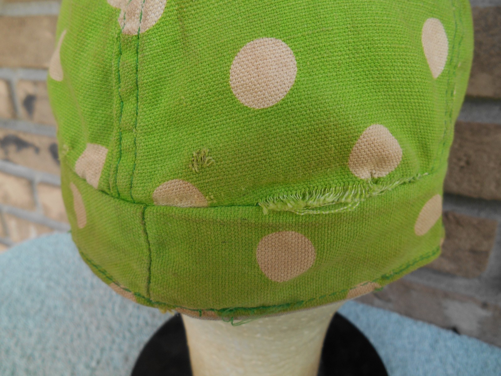 Vintage COTTON WELDERS CAP. GREEN & WHITE DOTS. SIZE SMALL 6-7/8. HAS HOLES!