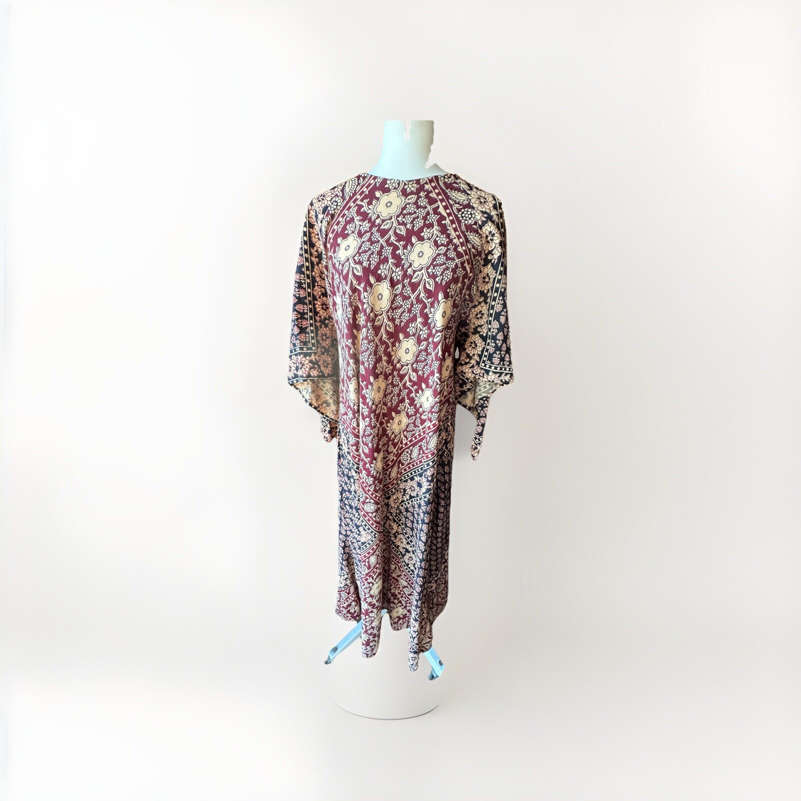 Vtg KAISER Caftan 70s Indian Cotton Floral Print Maxi Dress OS Angel Sleeve GUC