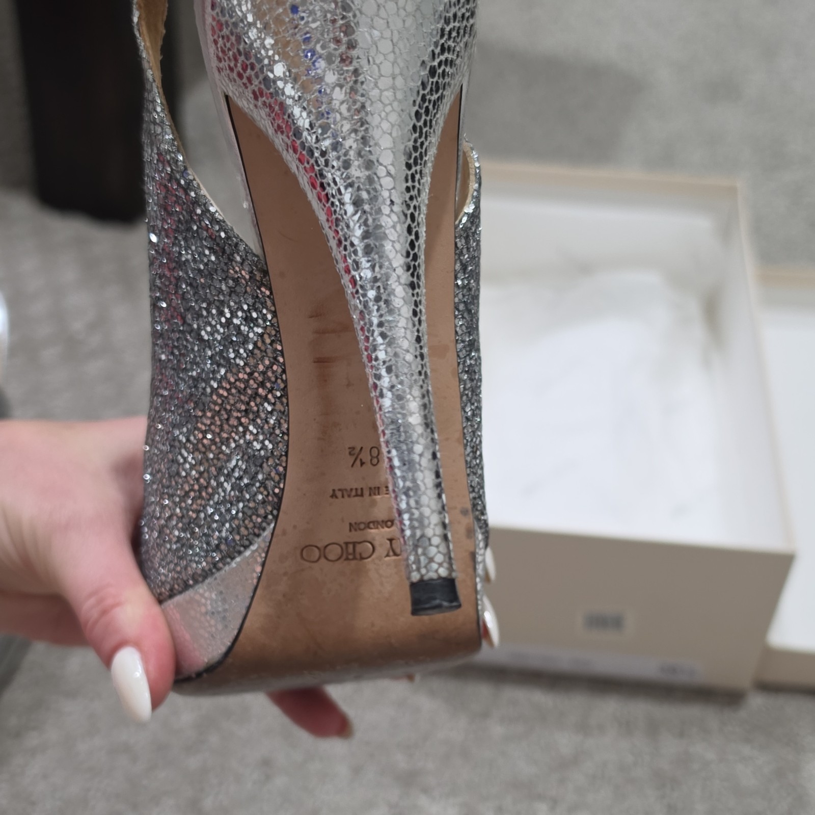Jimmy Choo Silver Glitter Fabric Platform Peep Toe Ankle Strap Heels 38.5