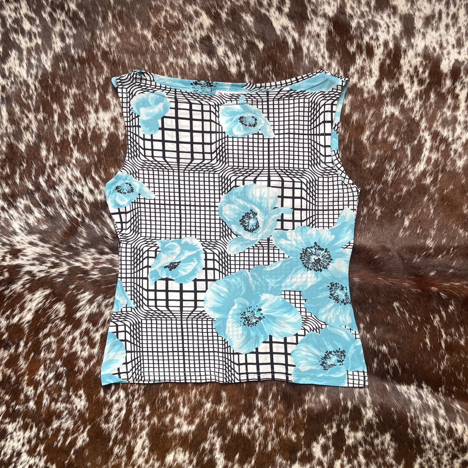 Morgan De Toi Mesh Top Y2K Sheer sleeveless Abstract flower Print Size T1 8/10