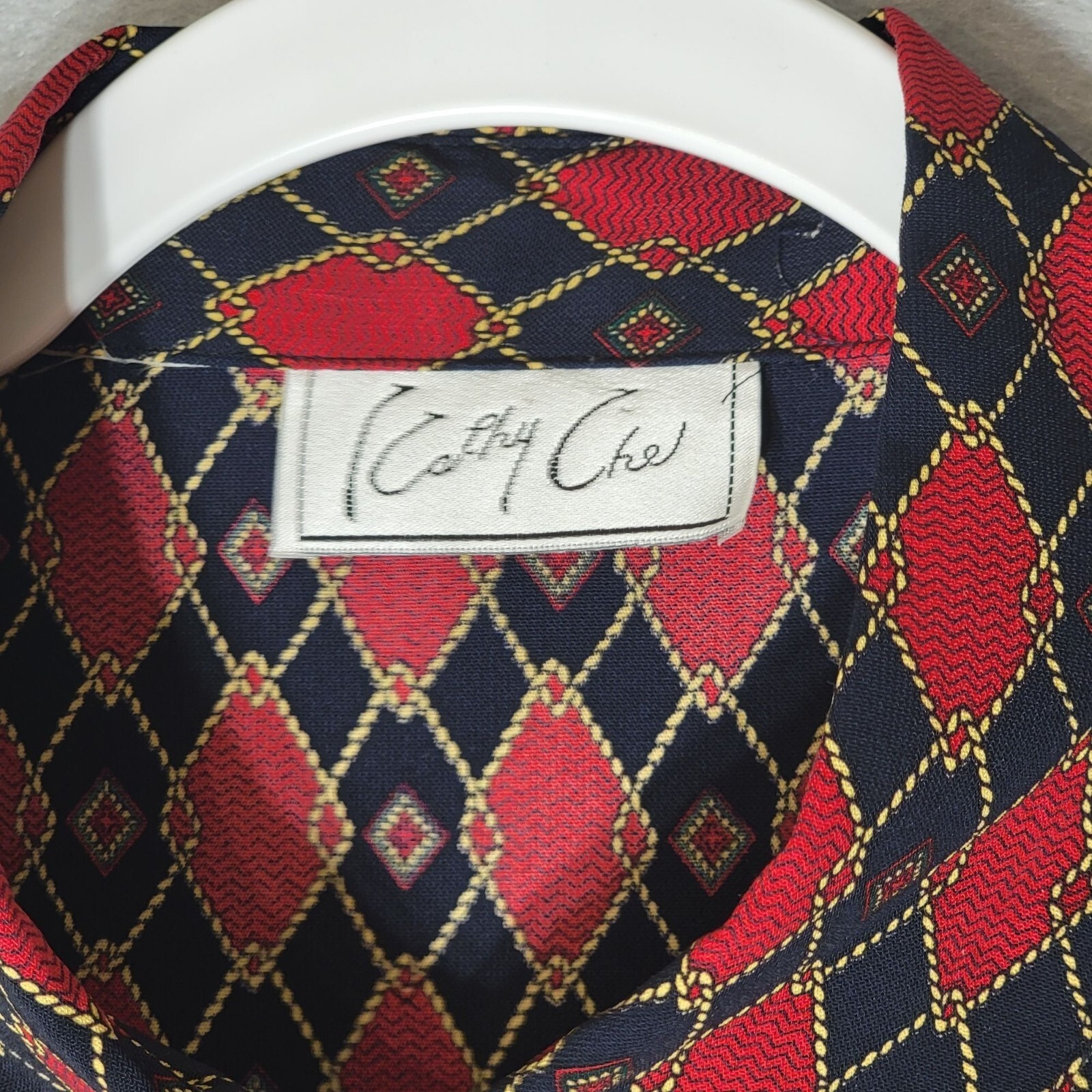 Vtg Secretary Blouse Womens 1X Chain Print Buttons Padded Retro Office Mature
