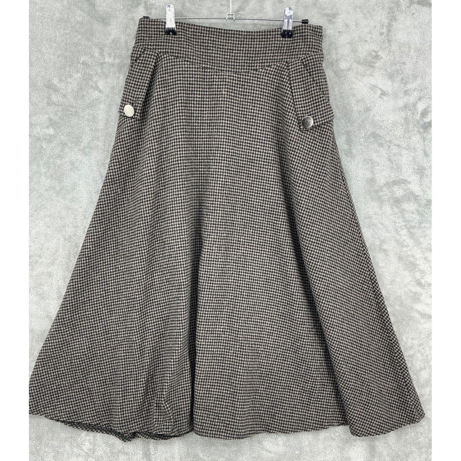 Boutique Skirt Womens Medium Houndstooth Wool Blend Midi Pockets Preppy Academia