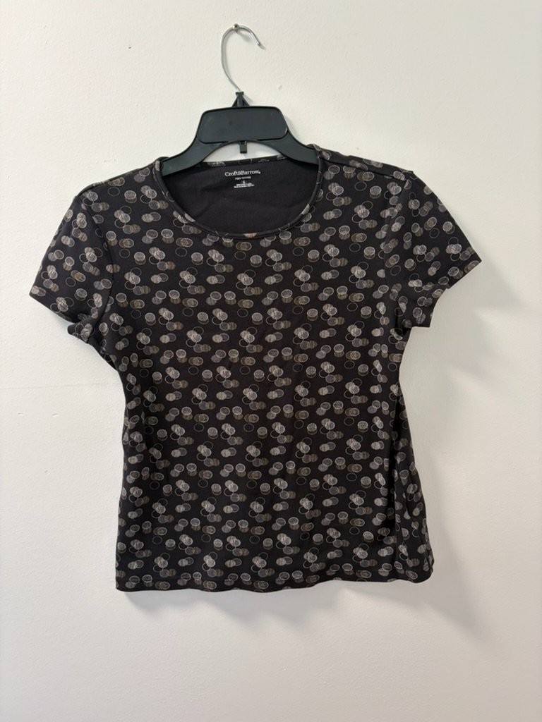 Croft & Barrow Womens S Black T-Shirt Crew Neckline Cotton Sleeve Short Print