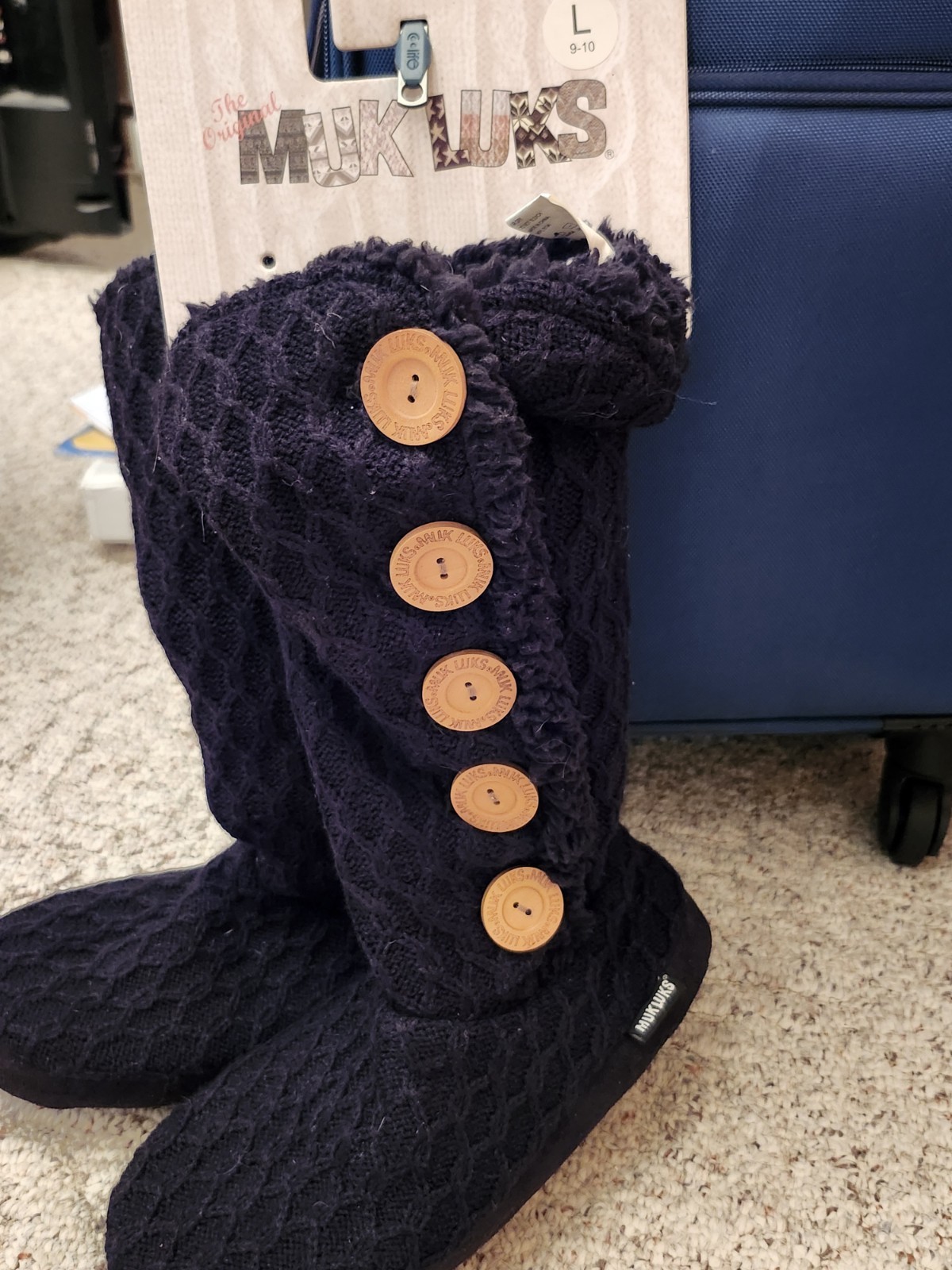 MUK LUKS Slippers Boots Tall Knit Sweater Button Black Size L (9-10) NWT Pull On